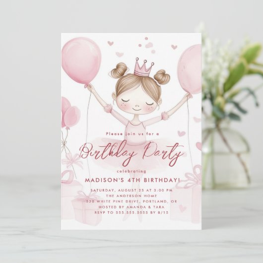 小さなプリンセスたちとピンクの王冠の誕生日パーティー 招待状 (スタンド正面)
