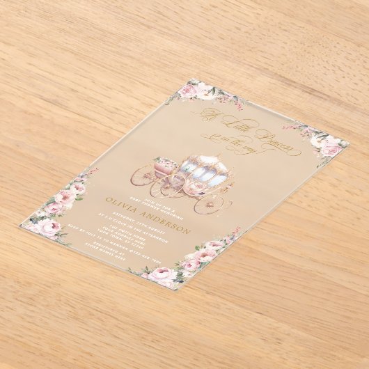 小さなプリンセスのキャリッジのピンクのフローラ赤ちゃんシャワー アクリル招待状 (レイダウン)