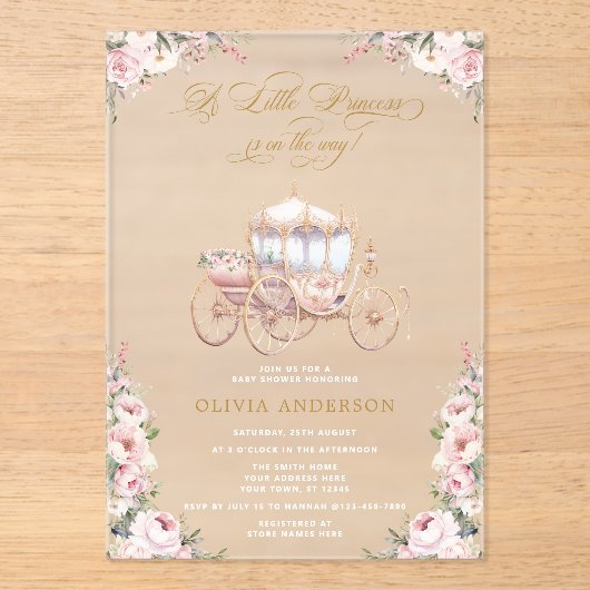 小さなプリンセスのキャリッジのピンクのフローラ赤ちゃんシャワー アクリル招待状 (正面)