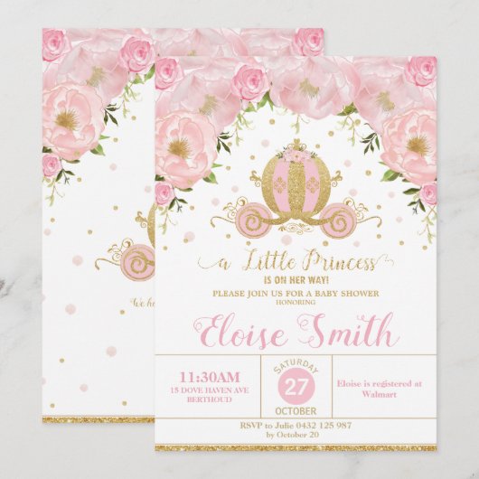 小さなプリンセスのベビーシャワー カート ピンク フラワー 招待状 (正面/裏面)