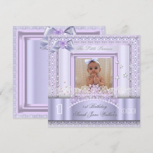 小さなプリンセスの初めての誕生日パーティーの写真 ラベンダー2 招待状 (正面/裏面)