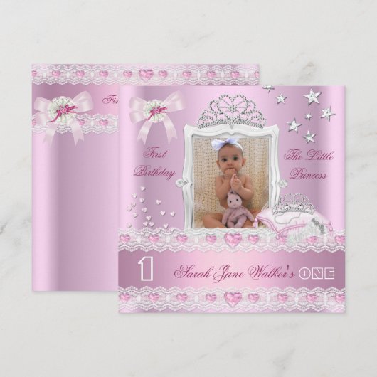 小さなプリンセスの初めての誕生日パーティーの写真 招待状 (正面/裏面)