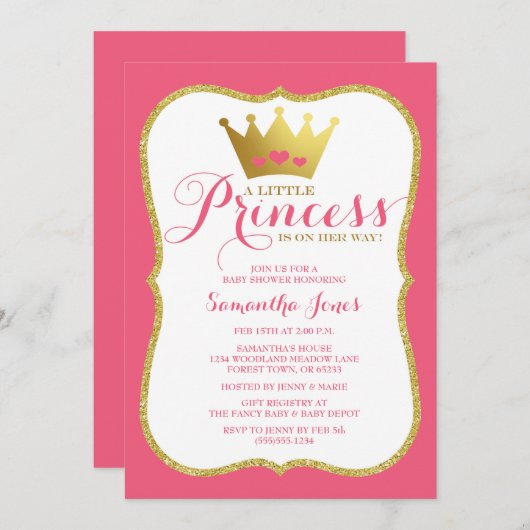 小さなプリンセスの赤ちゃんシャワーピンクと金ゴールド 招待状 (正面/裏面)