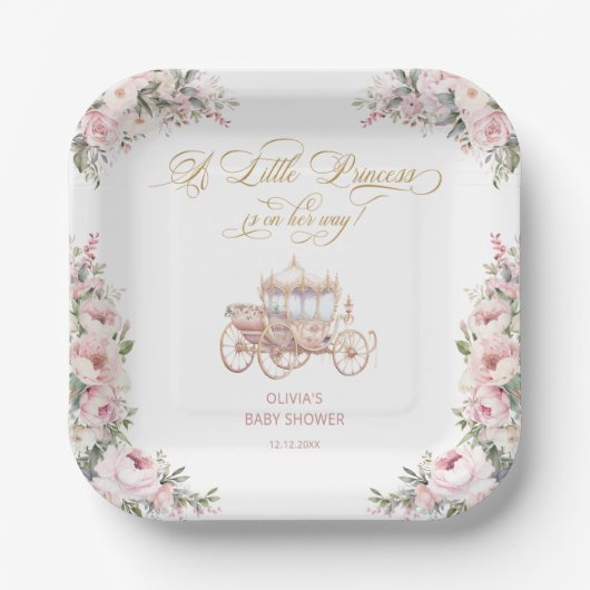 小さなプリンセスピンクと金ゴールドの赤ちゃんシャワー ペーパープレート (正面)