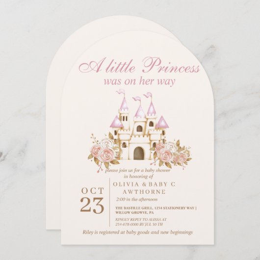 小さなプリンセスピンクの金ゴールド城の赤ちゃんシャワー 招待状 (正面/裏面)