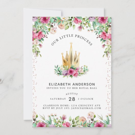 小さなプリンセスフローラ誕生日カード 招待状 (正面)