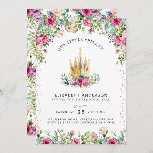 小さなプリンセスフローラ誕生日カード 招待状 (正面/裏面)