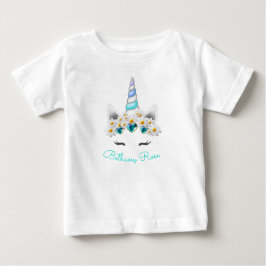 小さなプリンセスユニコーンターコイズジュエルフラワーズ ベビーTシャツ