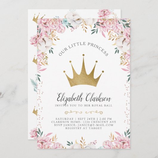 小さなプリンセス誕生日カード 招待状 (正面/裏面)