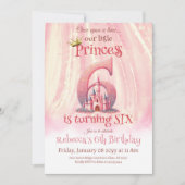 小さなプリンセス ピンクの女の子 6歳の誕生日 招待状 (正面)