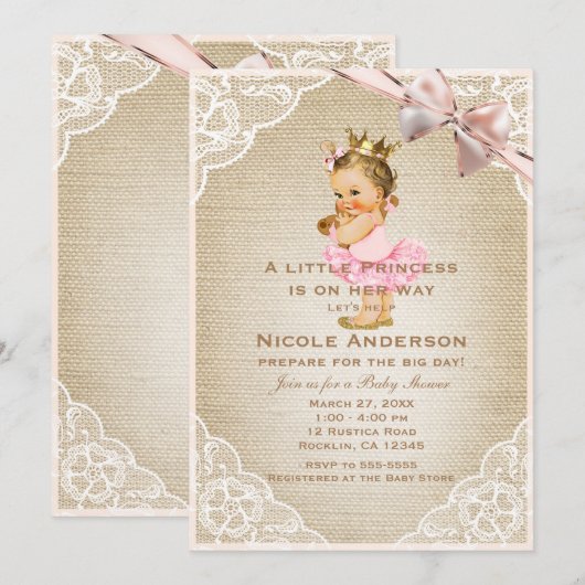 小さなプリンセス ヴィンテージ 女の子 ラスティック シャワー 招待状 (正面/裏面)
