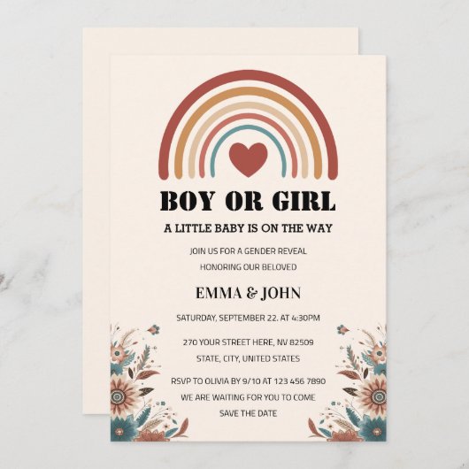 小さなベビーがBoho Genderの発表に向かっている 招待状 (正面/裏面)