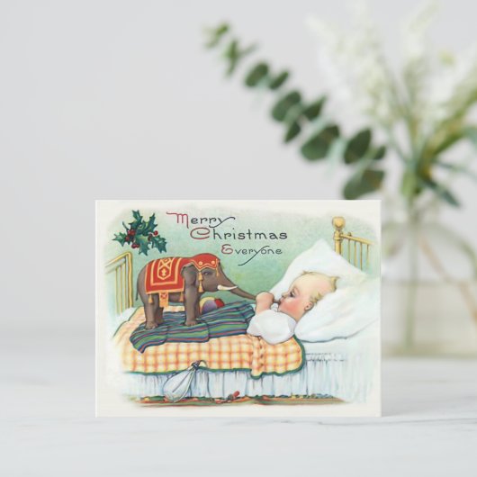 小さなベビーと象のおもちゃ、ヴィンテージクリスマス ポストカード (スタンド正面)