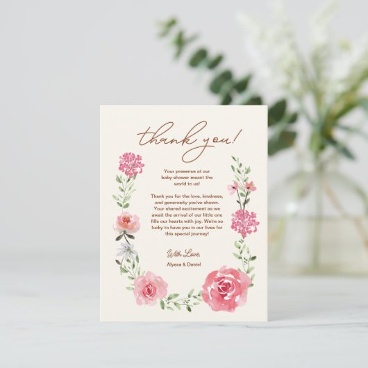 小さなベビーの開花水の色の花模様赤ちゃんシャワー サンキューカード (スタンド正面)