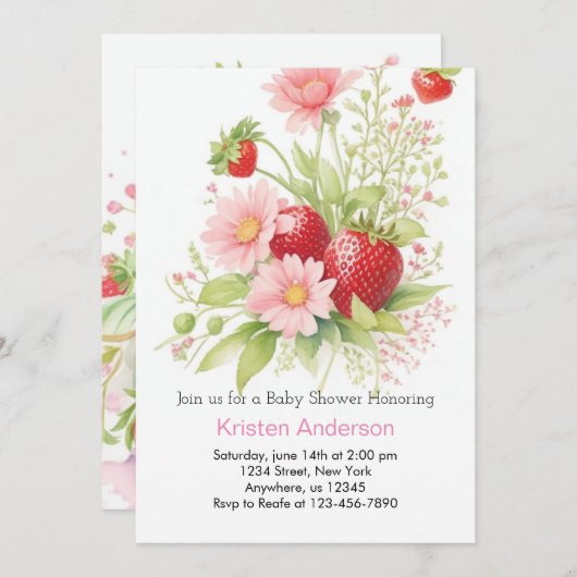 小さなベリーウォーター色の女の子の赤ちゃんシャワー 招待状 (正面/裏面)