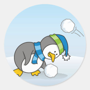 小さなペンギンが雪玉を手に入れる ラウンドシール