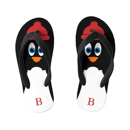 小さなペンギンモノグラムのキュートな漫画おもしろい鳥 キッズビーチサンダル (フットベッド)