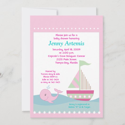 小さなホエールピンクの帆船ベビーシャワー5x7 招待状 (正面)