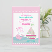小さなホエールピンクの帆船ベビーシャワー5x7 招待状 (スタンド正面)