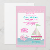 小さなホエールピンクの帆船ベビーシャワー5x7 招待状 (正面/裏面)