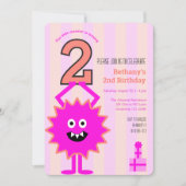 小さなホットピンクのモンスター2ndバースデーガールかわいい 招待状 (正面)