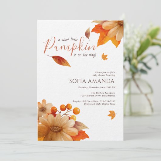 小さなミニマルかぼちゃの紅葉ベビースシャワー 招待状 (スタンド正面)