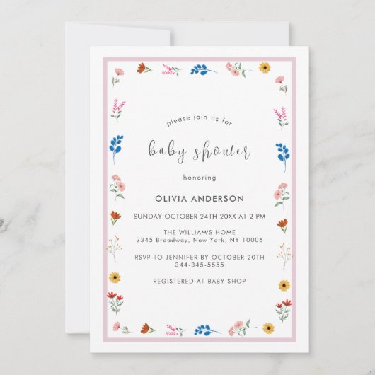 小さなミニマル野草花枠女の子の赤ちゃんシャワー 招待状 (正面)