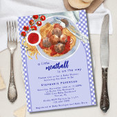 小さなミートボールが青い赤ちゃんシャワーの途中にある 招待状