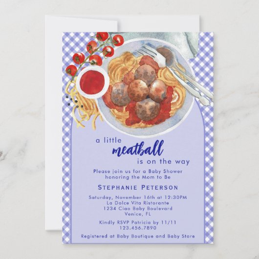小さなミートボールが青い赤ちゃんシャワーの途中にある 招待状 (正面)