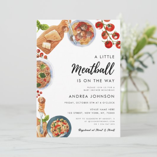 小さなミートボールイタリアン食べ物ベビーシャワー 招待状 (スタンド正面)
