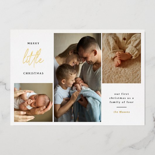 小さなメリークリスマス初めてのクリスマス4写真 箔シーズンカード (正面)