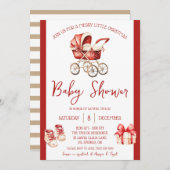 小さなメリークリスマス、赤とアイボリー、ベビーシャワー 招待状 (正面/裏面)