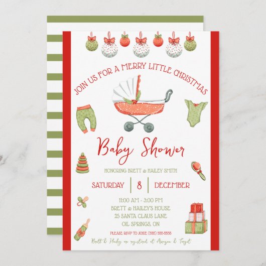 小さなメリークリスマス、赤と緑、赤のシャワー 招待状 (正面/裏面)
