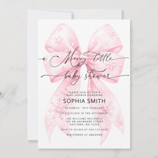 小さなメリー冬の赤面ピンクボウ赤ちゃんシャワー 招待状 (正面)
