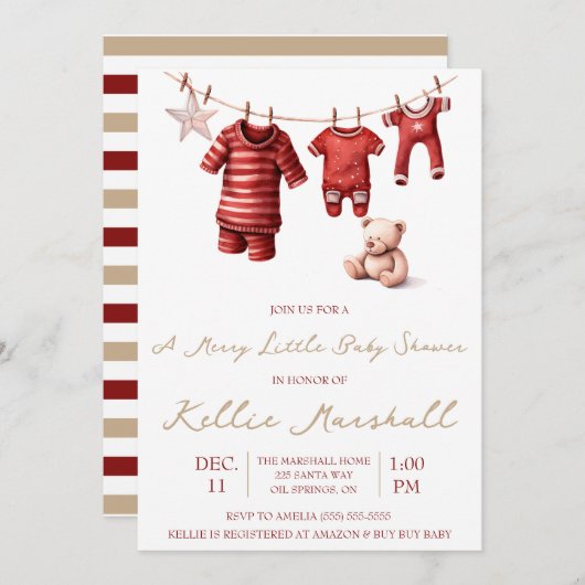 小さなメリー赤ちゃんシャワー、ベビー物干し場 招待状 (正面/裏面)