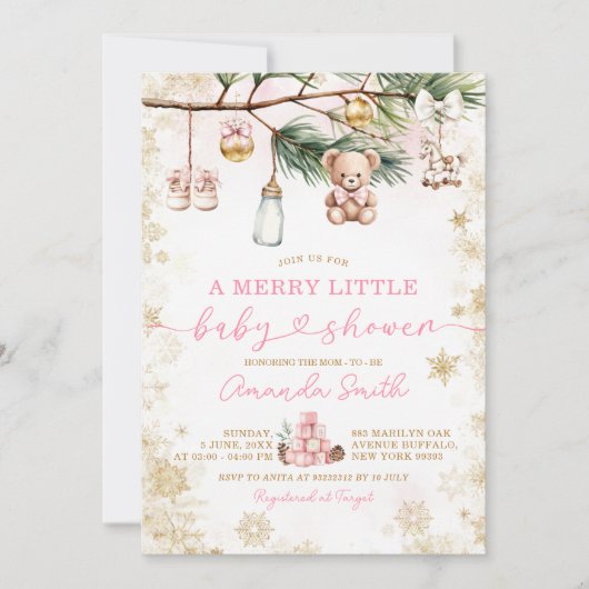 小さなメリー金ゴールドクリスマスピンクの赤ちゃんシャワー 招待状 (正面)