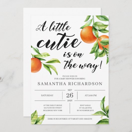 小さなモダンかわいこちゃんは途中オレンジ色のベビーガール 招待状 (正面/裏面)