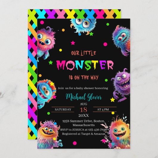 小さなモダンモンスター水の色の赤ちゃんシャワー 招待状 (正面/裏面)