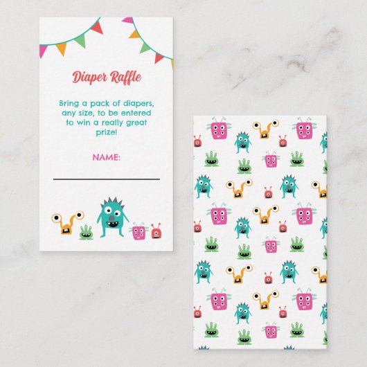 小さなモンスターおむつラッフルベビーシャワーかわいい エンクロージャーカード (正面/裏面)