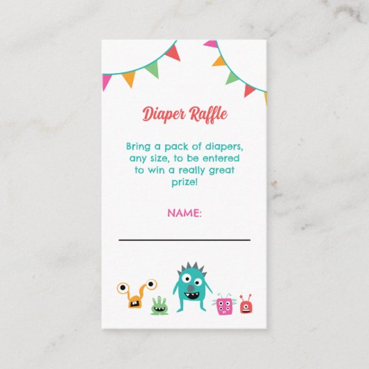 小さなモンスターおむつラッフルベビーシャワーかわいい エンクロージャーカード (正面)