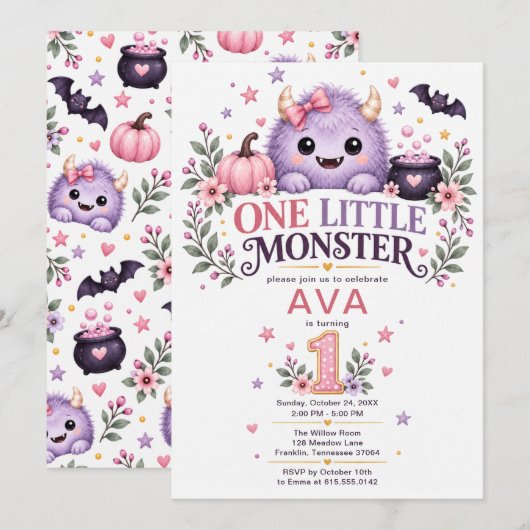 小さなモンスターの女の子 1歳の誕生日 招待状 (正面/裏面)