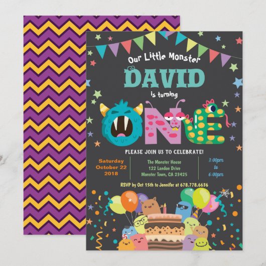 小さなモンスターの1歳の誕生日パーティー。男の子の1歳の誕生日 招待状 (正面/裏面)