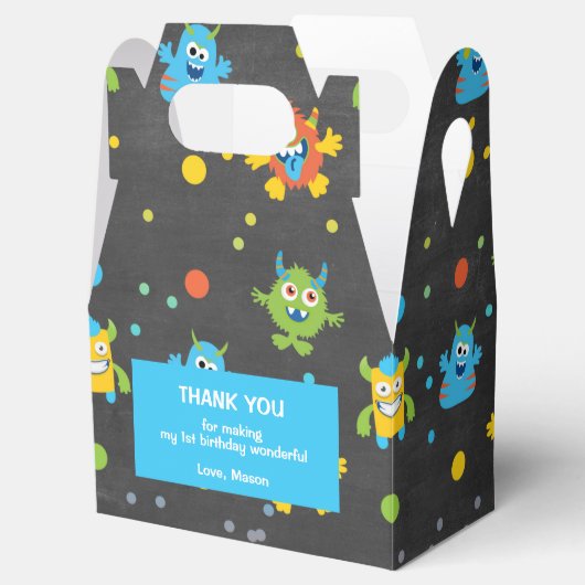 小さなモンスターシャルボードをテーマにした誕生日 フェイバーボックス (オープン)