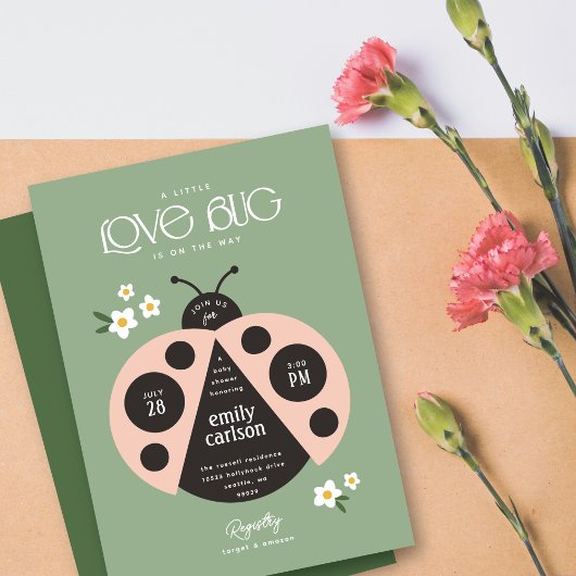 小さなラブバグセージ緑の赤ちゃん女の子シャワー 招待状