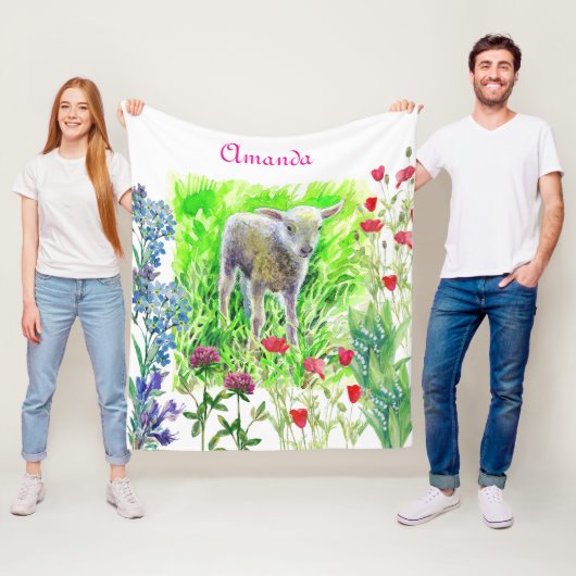 小さなラムと野花 フリースブランケット (インサイチュ)