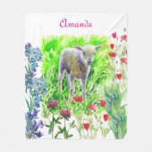 小さなラムと野花 フリースブランケット (正面)