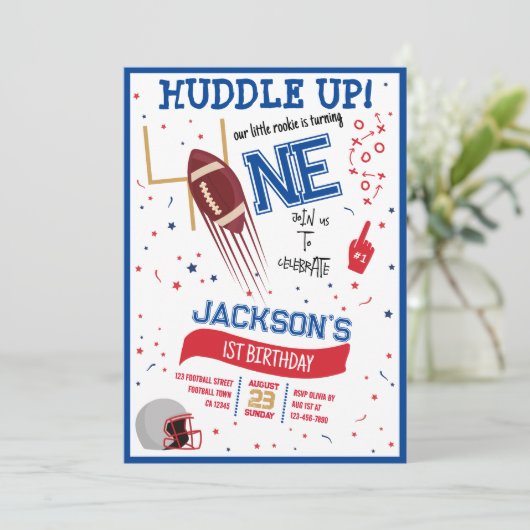 小さなルーキーかわいいサッカーの第1誕生日をハドルアップ 招待状 (スタンド正面)
