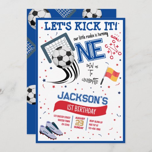 小さなルーキーサッカーの誕生日を蹴ろう 招待状 (正面/裏面)