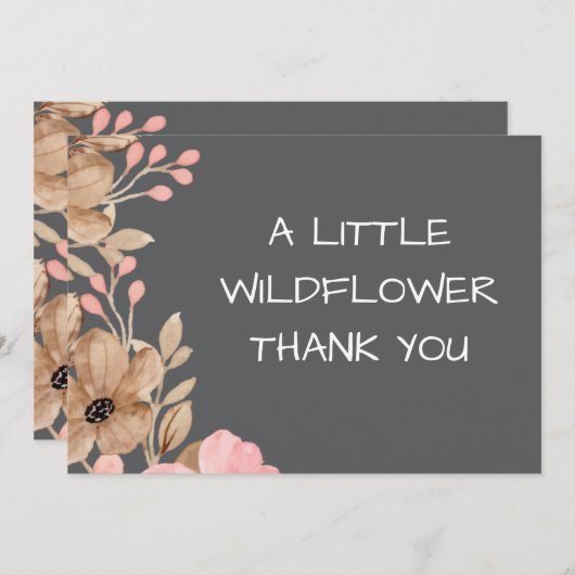 小さなワイルドフラワーのピンクの女の子のベビーシャワー サンキューカード (正面/裏面)