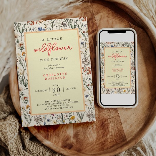 小さなワイルドフラワーの女の子ベイビーシャワー 招待状